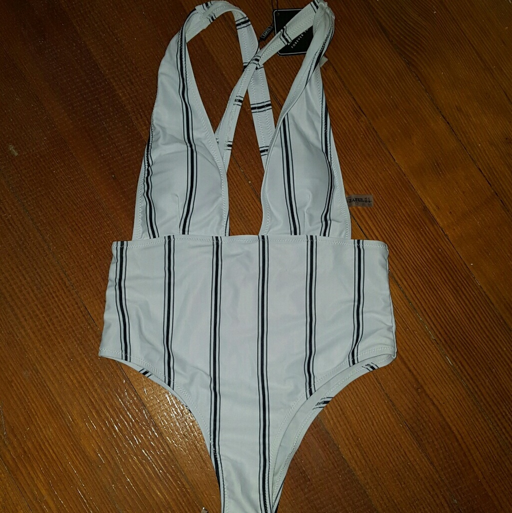 Zaful Striped Criss Cross Plunging Swimsuit